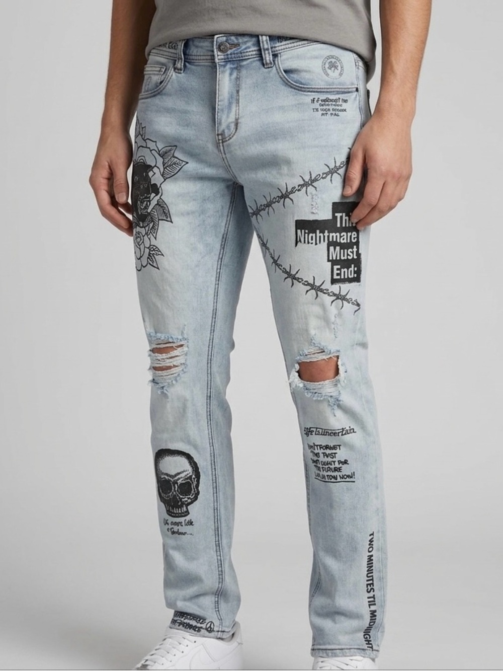 Ninth Hall Rogue Slim Fit Jeans Mens 34x33 Light Wash Tattoo Graphic Punk